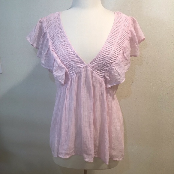 Lucky Brand white red stripes ruffle sleeve top M - Picture 1 of 5